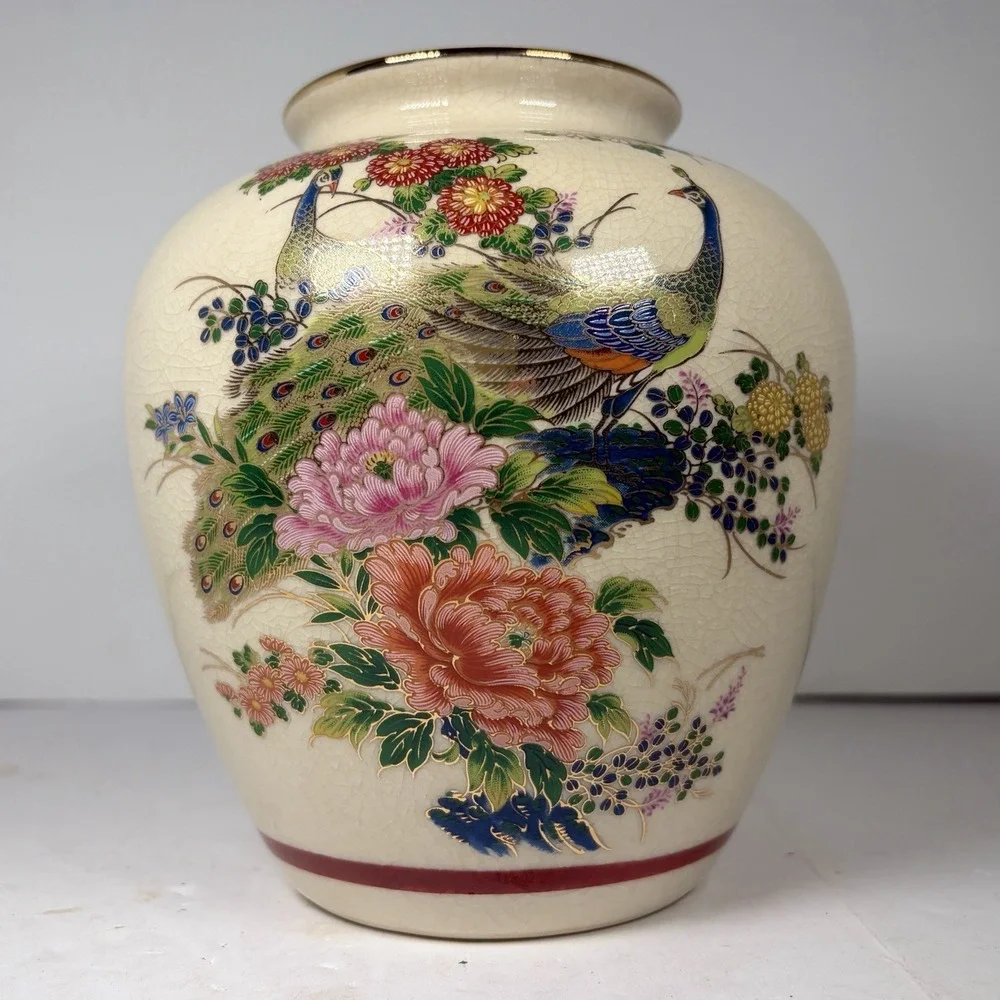 Vintage Japanese Satsuma Style Peacock & Floral‎ Crackle Glaze Vase